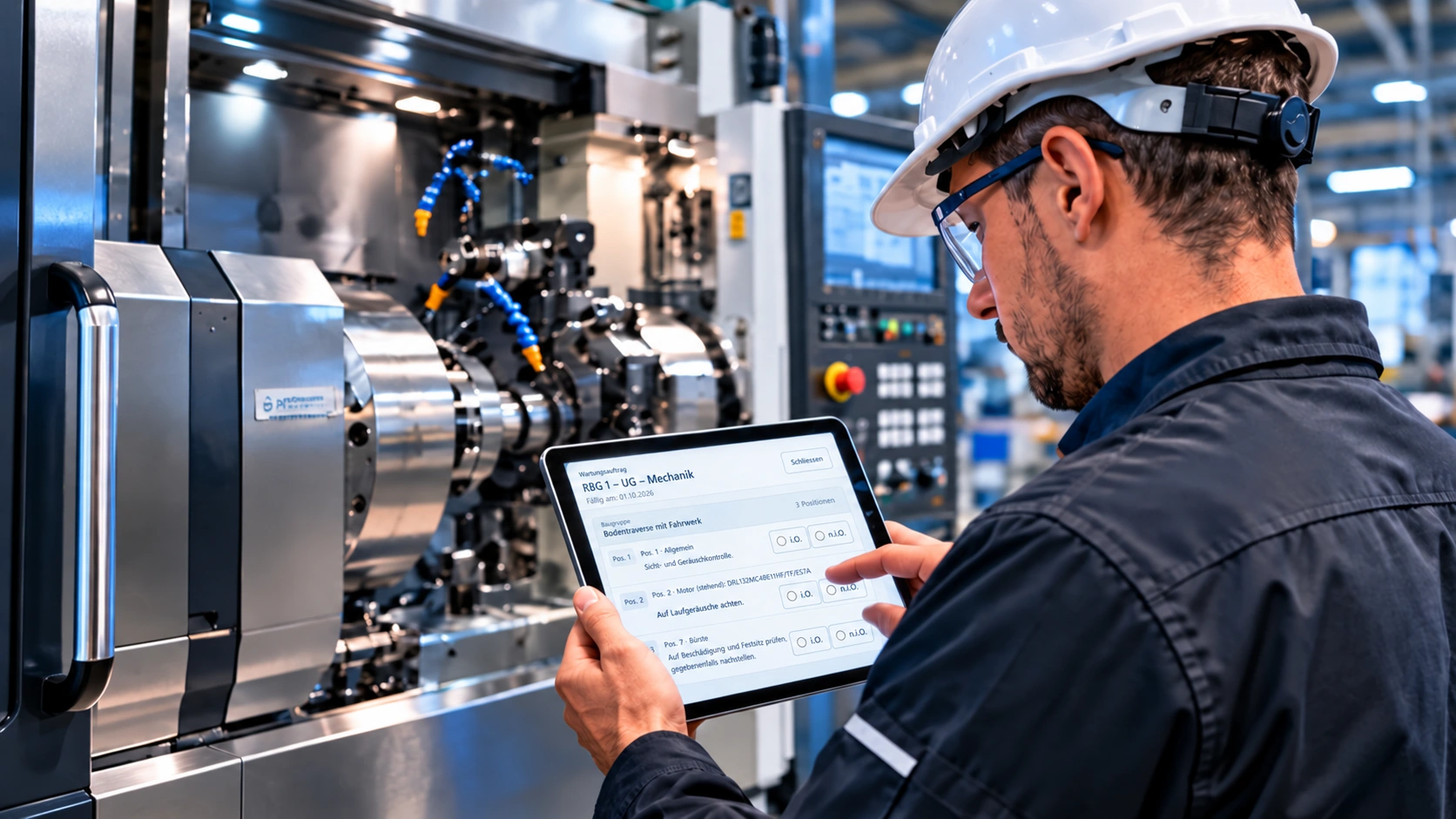 Techniker bearbeitet eine TD Lighthouse Wartungscheckliste auf einem Tablet.